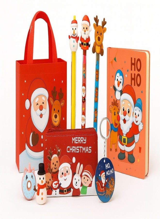 GLITREEPROPS Christmas theme return gifts for kids I gift goody bag I 10 in 1 combo set - bag with diary, pen, pencils, erasers ,keychain & stickers | secret santa gift - Image 1